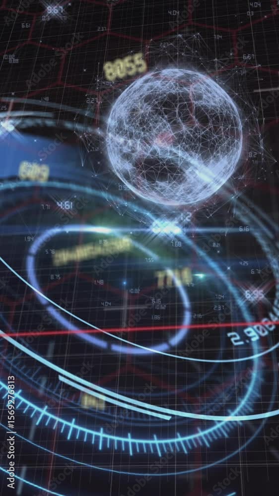 Poster animation of scope scanning, numbers changing and globe spinning on grid in background
