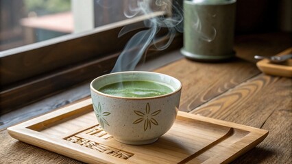 Steaming Cup of Green Tea Resting on a Warm Wooden Tabletop