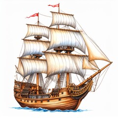 Detailed Illustration of a Vintage Sailing Ship at Sea