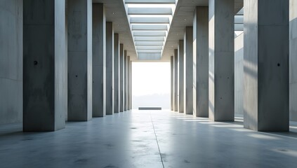 A spacious, modern concrete hall with numerous columns