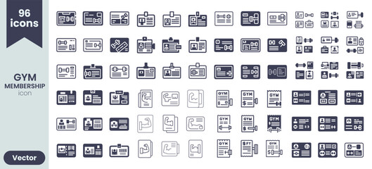 Collection of 96 flat design icons representing gym membership cards fitness passes workout tickets and identification badges with various fitness elements