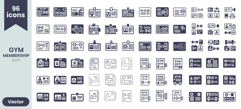 Collection of 96 flat design icons representing gym membership cards fitness passes workout tickets and identification badges with various fitness elements