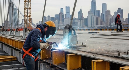 Man welder working on modern bridge construction. Worker wearing protective gear. Industrial build with skyline cityscape.