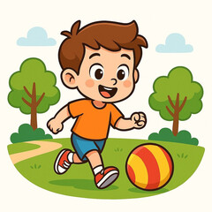 AI-Generated Cartoon Illustration of a Cute Boy Playing with a Ball in the Park