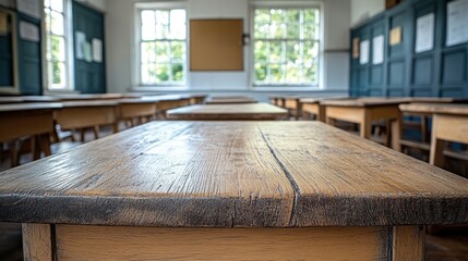 Fototapeta premium Old schoolroom desks, rows of wooden tables
