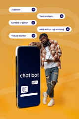 Innovative assistant stands next to large smartphone showcasing chatbot capabilities for text...