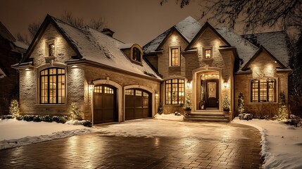 Luxury Home with Winter Night, Snow, and Exterior.