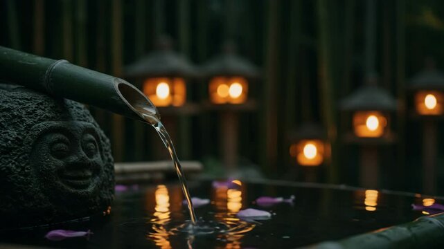 Water flows from a bamboo spout into a serene, stone basin with glowing lanterns in the background.
