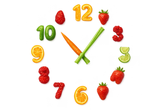 Creative clock made of fruits and vegetables isolated on transparent background