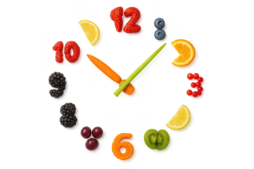 Fruit and vegetable clock on a transparent background, healthy eating concept. Vibrant arrangement