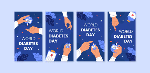 Flat design World Diabetes Day social media template. Clean illustration blood glucose meter, health icons. Perfect for awareness banners, social media, and medical campaigns.