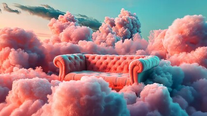 Pink couch floats on fluffy clouds sunset background, surreal scene, dreamy image, peaceful atmosphere, design inspiration