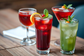 wibrant, colorful assortment of refreshing mmer cocktails, including a deep red sangria, angy lemonade with mint, and a bright green ojito, garnished with fresh fruit and herbs, set ainst a rustic woo