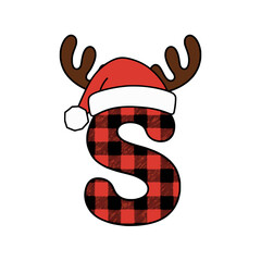 Christmas letter S with plaid, antlers, and Santa hat, Festive uppercase letter S featuring a red plaid pattern, Santa hat, and antlers, perfect for Christmas crafts, decoration, and holiday graphic 
