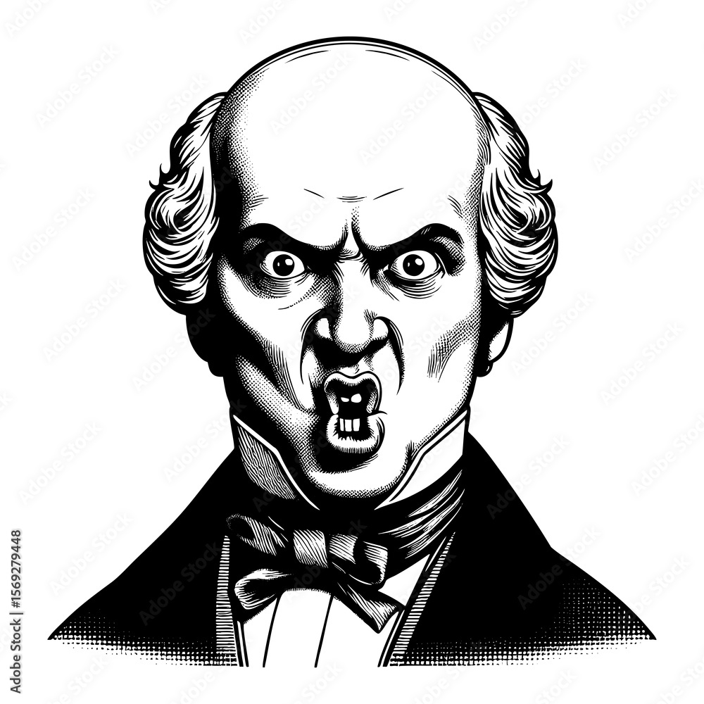 Poster man in formal clothing with a furious yet comically exaggerated facial expression sketch engraving g