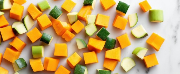 Obraz premium Diced Butternut Squash and Zucchini on White Marble Surface, Preparing Healthy Meal
