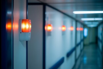 Emergency alarm lights flashing in a dimly lit hospital corridor with blue handrails