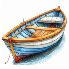 Blue and White Wooden Rowboat Illustration