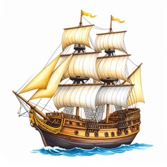 Sailing Ship on the Ocean, Brown and Cream Sails