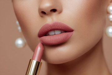 Close-up of a woman applying a neutral-toned lipstick, paired with elegant pearl earrings, against a soft, neutral background.
