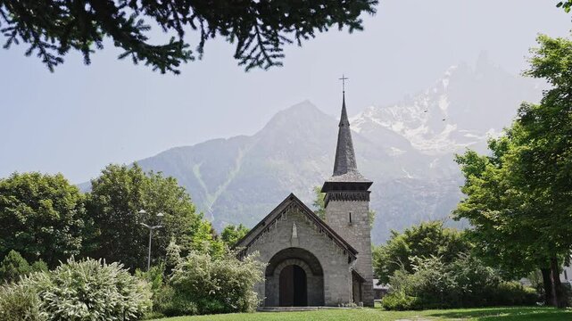 Scenic Alpine Panorama View Of Les Praz Church, Chamonix