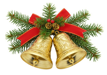 Isolated Golden Christmas Bells with Pine and Ribbon