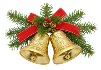 Isolated Golden Christmas Bells with Pine and Ribbon