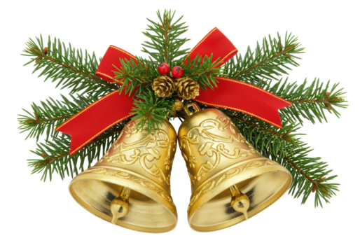 Isolated Golden Christmas Bells with Pine and Ribbon