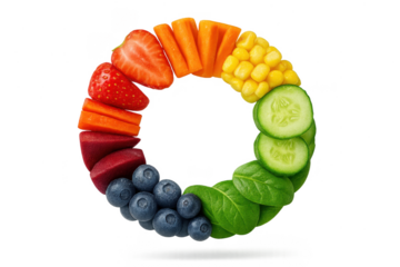 Rainbow of fresh fruits and vegetables isolated on transparent background, vibrant