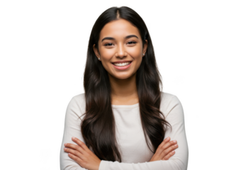 Smiling young woman with long dark hair and crossed arms isolated on transparent background