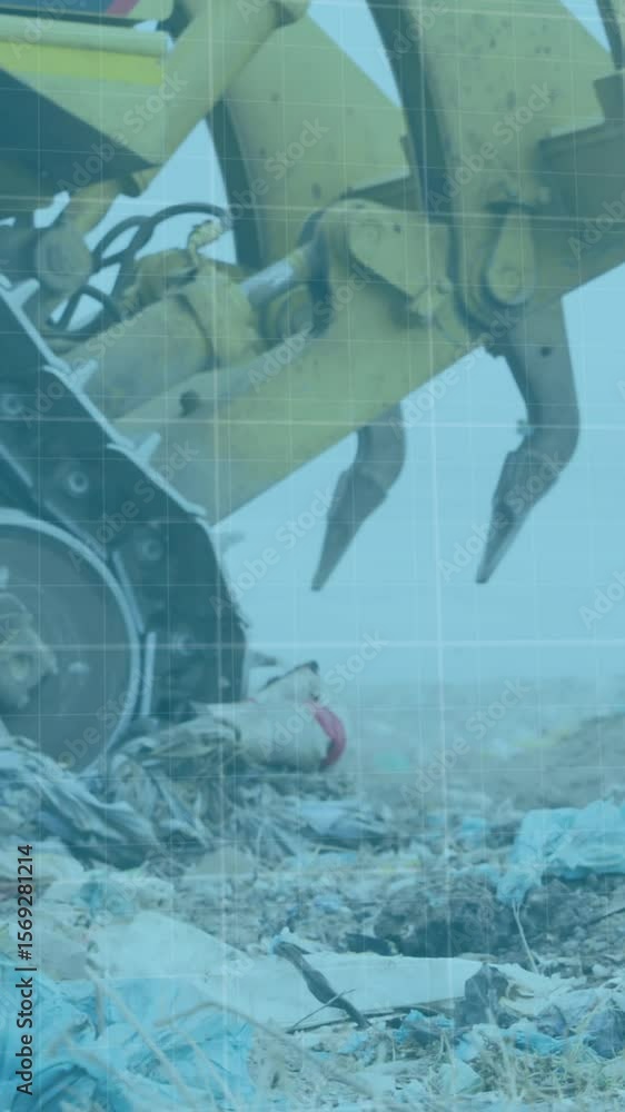 Aufkleber red graph moving over grid network against bulldozer working on landfill with birds in the sky