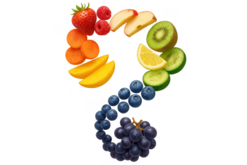 Question mark made of colorful fruits and vegetables, isolated on transparent background