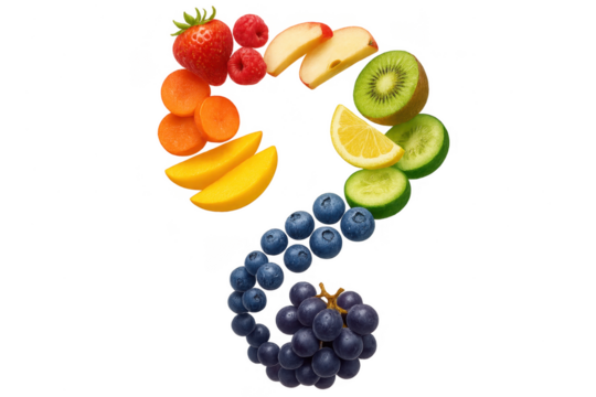 Question mark made of colorful fruits and vegetables, isolated on transparent background