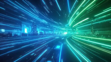 Abstract blue and green light streaks converge A tunnel effect conveys speed motion or a digital journey Bright vibrant colors contrast powerfully creating a futuristic dynamic background - Powered by Adobe
