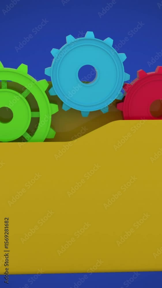 Poster digital animation of folder and setting icon against blue background