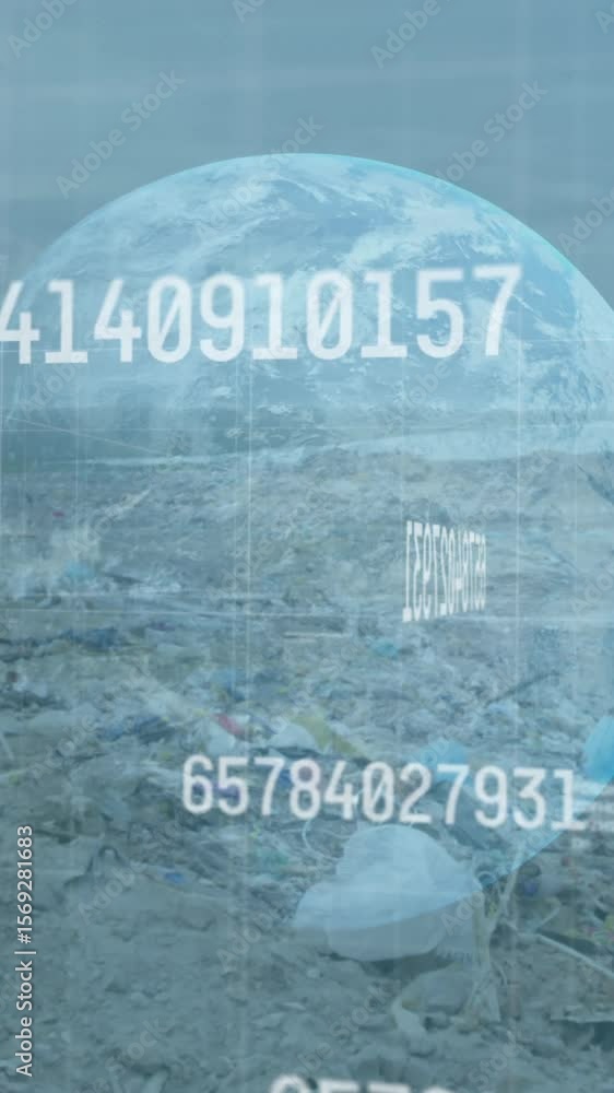Poster digital composite video of multiple changing numbers over globe against landfill