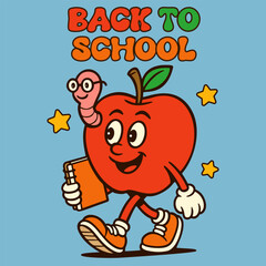 Groovy red apple cartoon character walking with book. Funny retro back to school text.