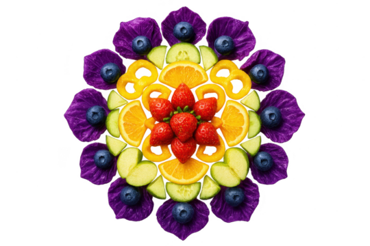 Vibrant fruit and berry mandala with transparent background, isolated arrangement