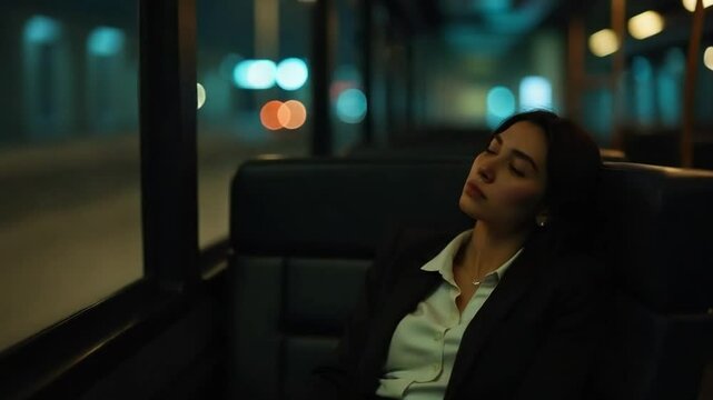 Exhausted Businesswoman Sleeping on Evening Bus Ride