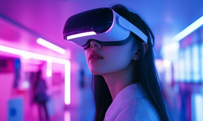 Asian woman wearing VR headset interacting with AI smart technology. Female gaming in virtual reality metaverse cyberspace, blue digital world, Generative AI
