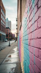 Obraz premium Vibrant painted brick wall on a city street with a wet sidewalk and buildings in the background