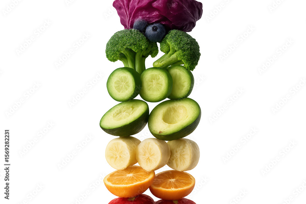 Poster stack of colorful sliced fruits and vegetables isolated on transparent background