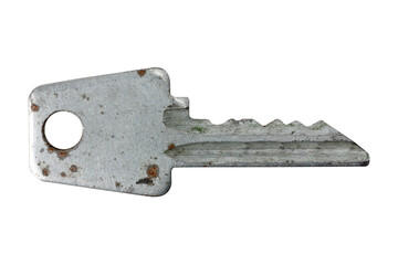 Old rusty key on white background, isolated and weathered.