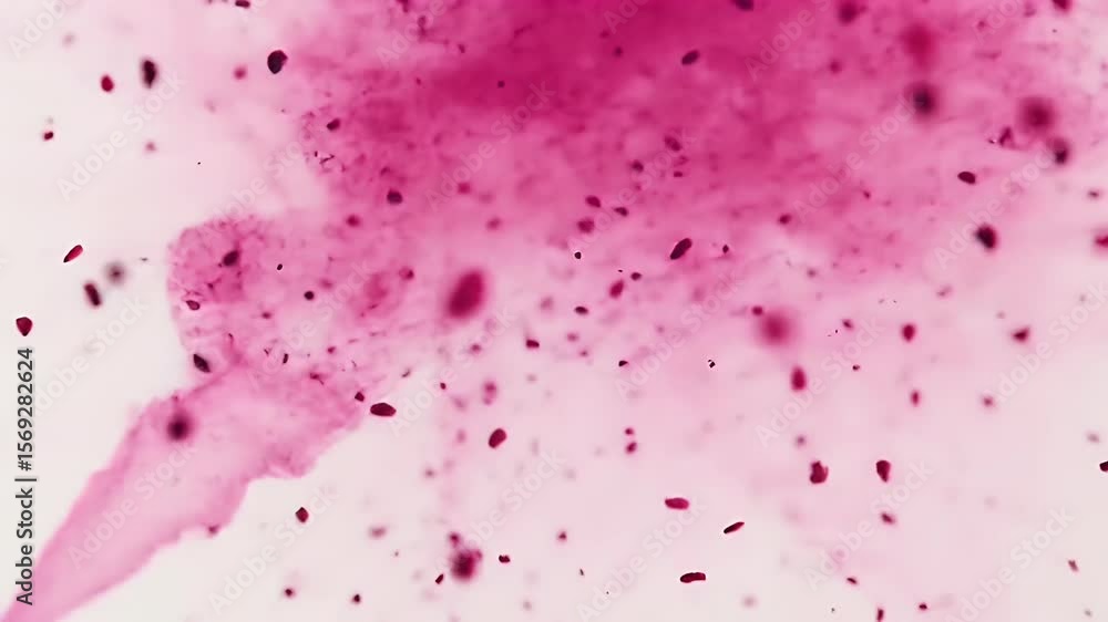 Poster macro shot of crimson liquid with dark particles creating an abstract splatter on white background f