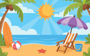 Obraz premium Beach vacation illustration with palm trees and summer beach elements