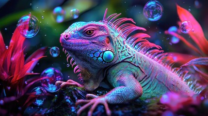 Obraz premium Vibrant iguana surrounded by bubbles in a vibrant aquatic scene.