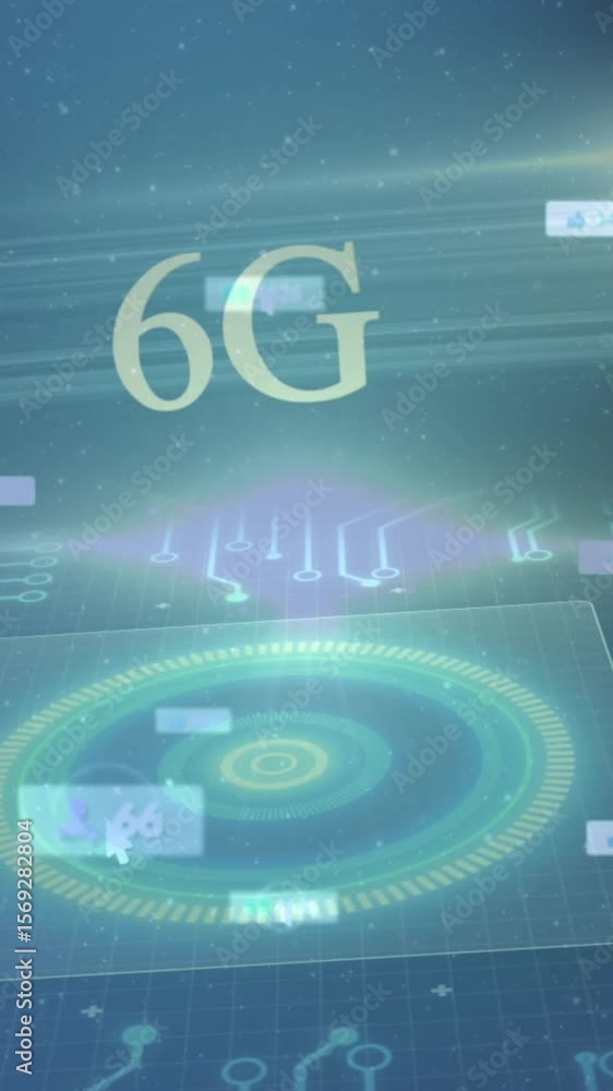 Poster animation of 6g text, social media icons on banners over data processing and scope scanning