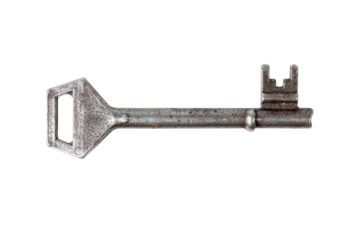 Vintage metal key isolated on white background, symbol of access.