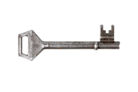 Vintage metal key isolated on white background, symbol of access.