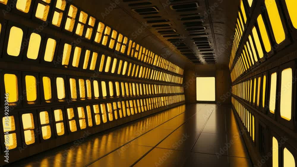Aufkleber illuminated corridor with multiple windows and a yellow glow.